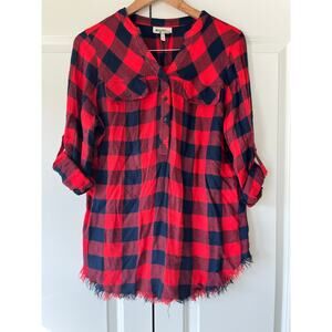 Hester & Orchard Red/Navy Blue Buffalo Plaid Raw Hem Rolled Sleeve Blouse Small